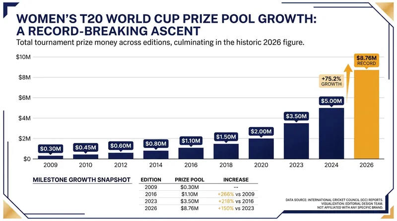 The ICC has steadily increased the tournament's prize pool, reaching a record $8.76 million in 2026.