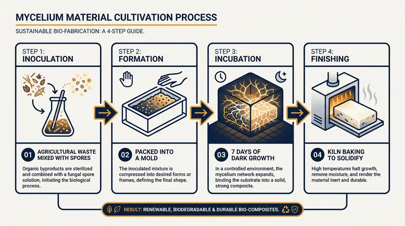 The four-step process of growing bio-composites from agricultural waste and fungal spores.