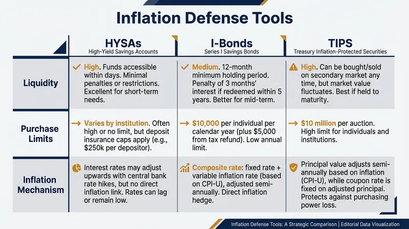 Different tools serve different timelines: HYSAs for emergencies, I-Bonds for medium-term savings, and TIPS for retirement.