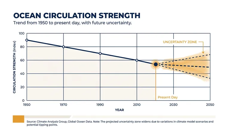 Observational data and proxy records indicate the AMOC has weakened by approximately 15 percent since the mid-20th century.