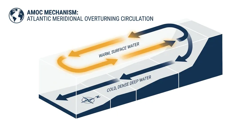 The AMOC functions as a global conveyor belt, driven by the sinking of cold, salty water in the North Atlantic.
