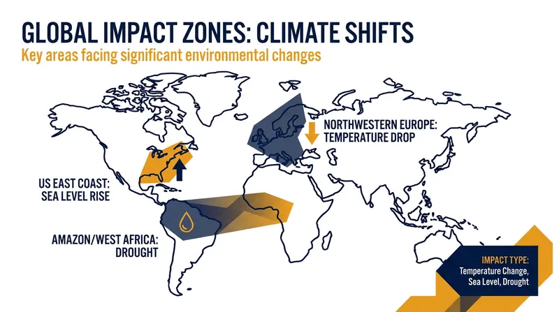 A collapse of the AMOC would trigger severe regional climate shifts, including deep freezes in Europe and droughts in the tropics.