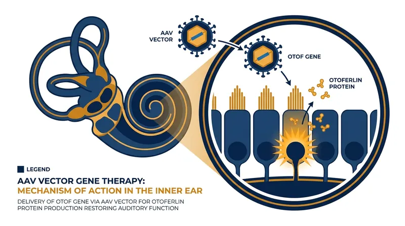 The therapy uses a harmless virus to deliver a functional OTOF gene directly into the cochlea's sensory cells.