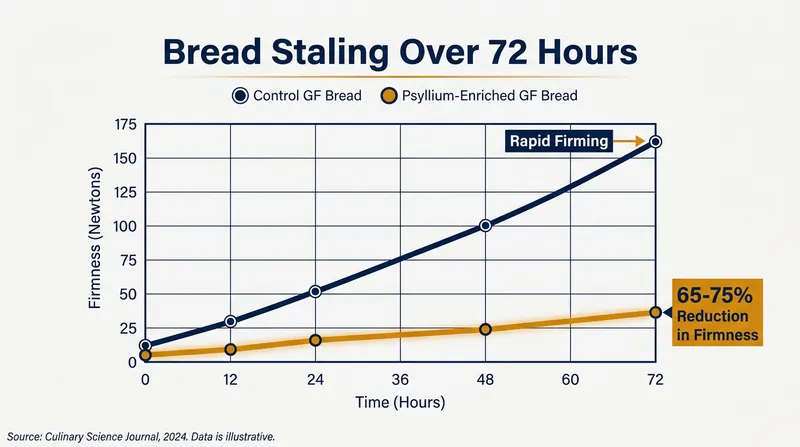 Clinical studies demonstrate that psyllium husk significantly delays the retrogradation of starches, keeping bread softer for days.