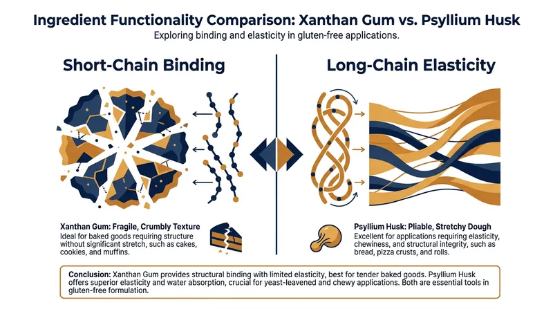 While xanthan gum provides short binding suitable for cakes, psyllium husk creates the long-chain elasticity required for bread dough.
