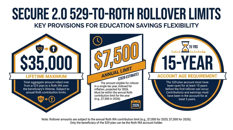 The SECURE 2.0 Act imposes strict timelines and caps on 529-to-Roth rollovers.