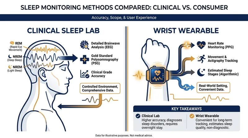 While clinical polysomnography measures actual brain waves, consumer wearables must infer sleep stages using movement and heart rate.