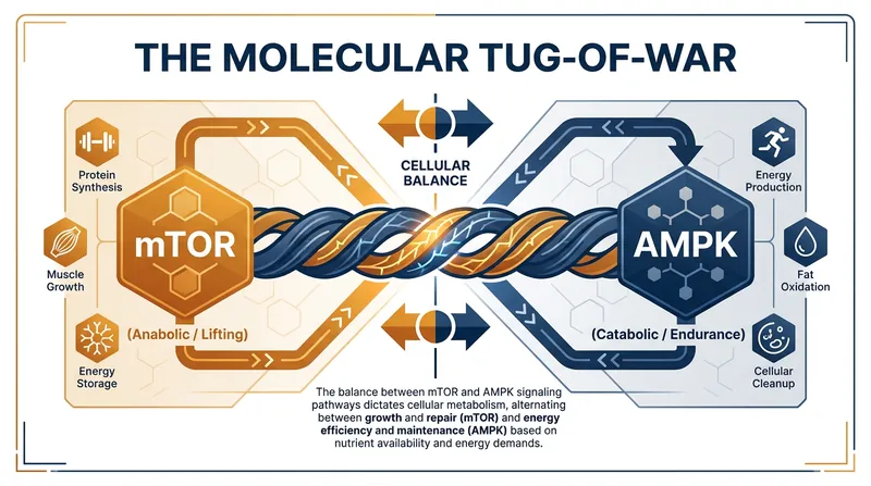 The interference effect occurs when the energy-sensing AMPK pathway suppresses the muscle-building mTOR pathway.
