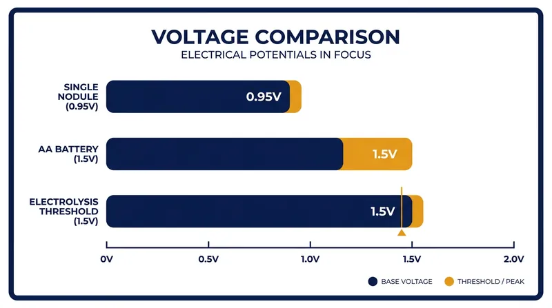 The electrical potential of deep-sea nodules compared to standard batteries and the electrolysis threshold.