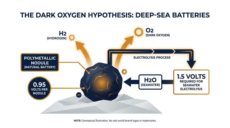 How researchers hypothesize polymetallic nodules act as 'geobatteries' to split seawater.