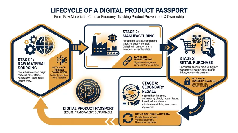 How a Digital Product Passport tracks an item from raw materials to the secondary resale market.