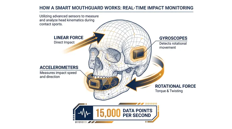 Sensors embedded in the mouthguard measure the exact forces transmitted to the brain during a strike.