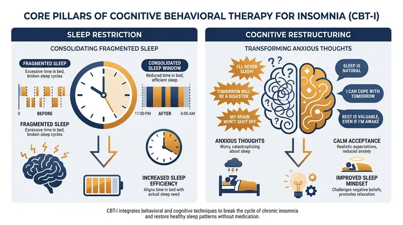 Unlike basic sleep hygiene, CBT-I actively modifies sleep schedules and challenges bedtime anxiety.