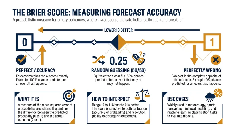 The Brier score measures the accuracy of probabilistic predictions, heavily penalizing overconfidence.