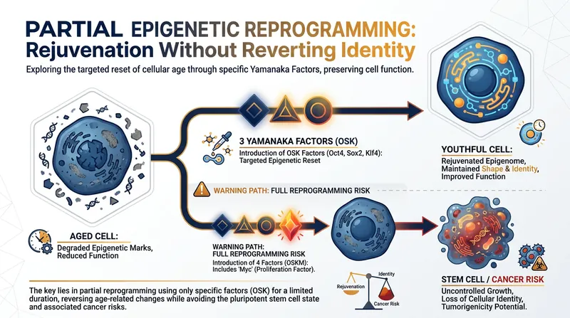 Partial reprogramming uses three specific proteins to rejuvenate cells without erasing their specialized identity.