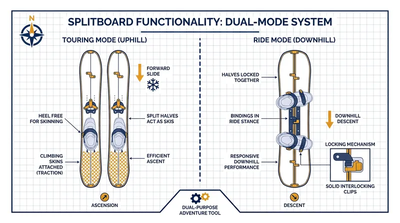 The mechanical transition: bindings pivot at the toe for climbing, then slide onto pucks to lock the board together for riding.