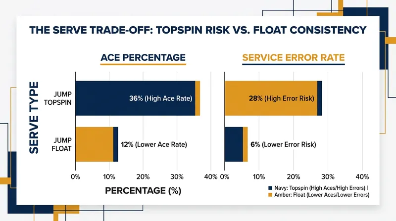 Statistical trade-offs: Topspin serves generate more aces but carry a significantly higher error rate.