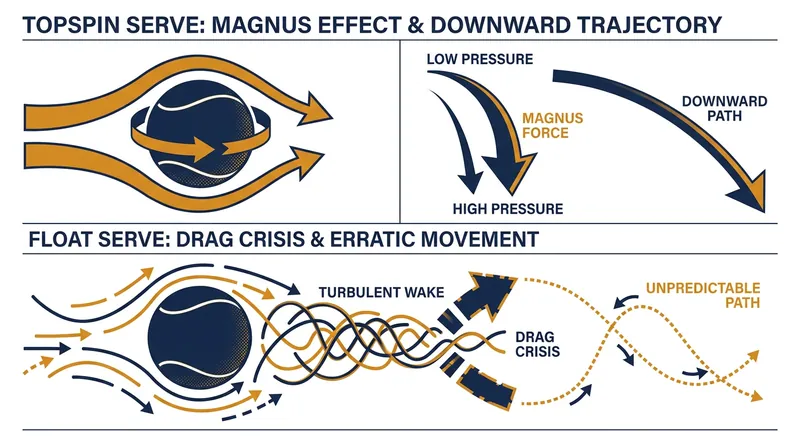The Magnus effect (topspin) versus the drag crisis (float serve).