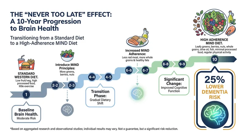 Improving dietary habits over a decade significantly reduces dementia risk, regardless of when the changes begin.