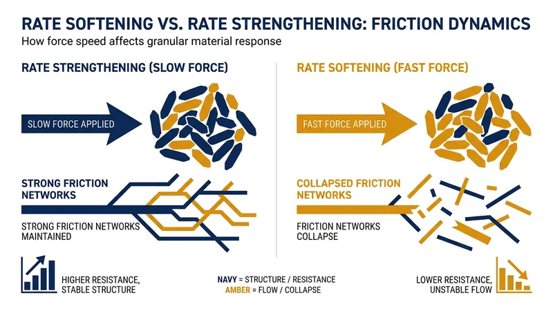 Unlike most materials, the friction between rice-like grains drops sharply under rapid compression, causing the structure to weaken.