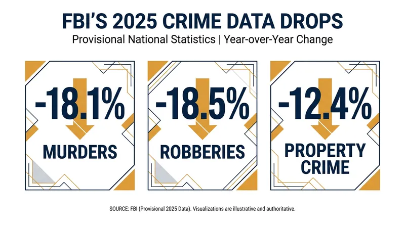 Preliminary FBI data for 2025 shows double-digit percentage drops across major crime categories.