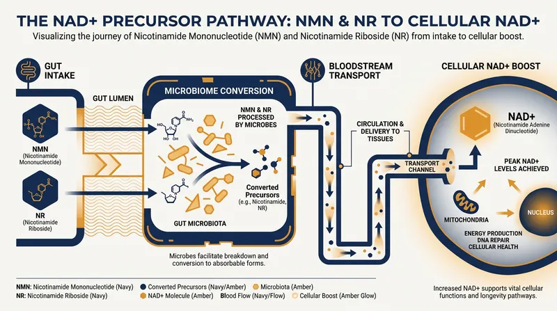 Recent studies show NAD+ precursors rely heavily on the gut microbiome for conversion.