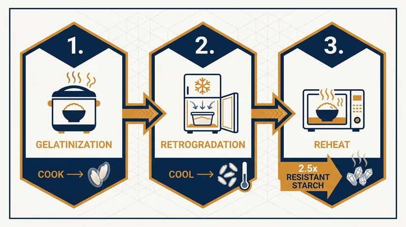 The retrogradation process permanently alters the starch matrix, and the benefits remain even after reheating.