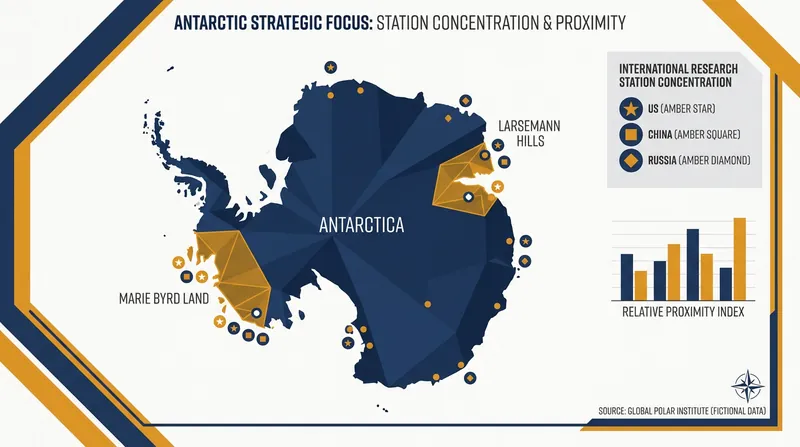 Research stations are often clustered in accessible coastal regions, requiring close logistical cooperation between rival nations.
