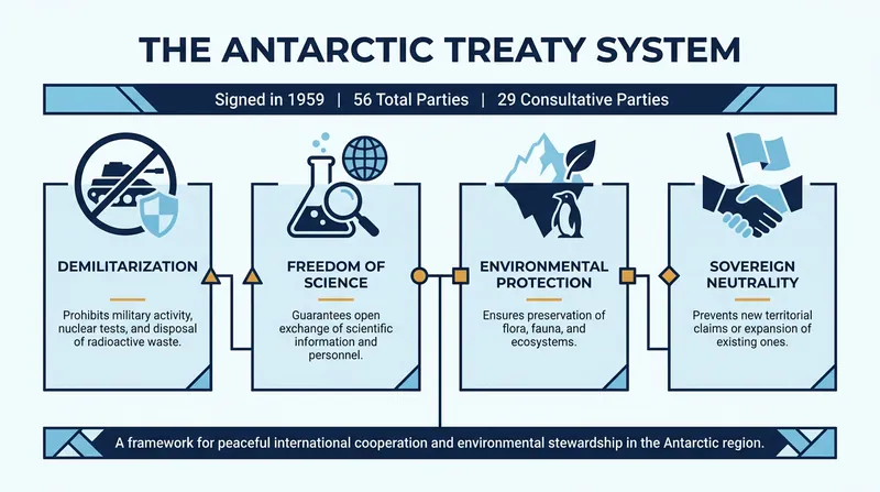 The foundational pillars that have maintained peace in Antarctica for over six decades.