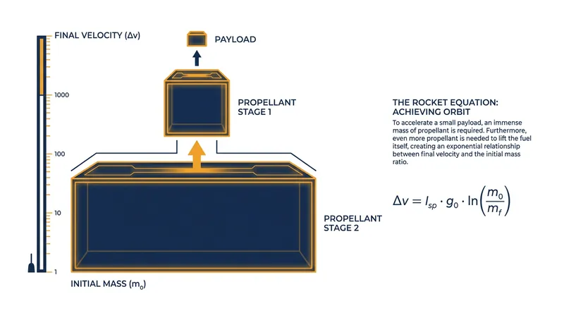 The Rocket Equation dictates that lifting fuel requires even more fuel, creating a compounding mass penalty for deep space missions.