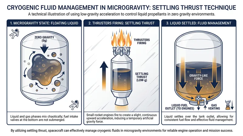 In microgravity, a microscopic 'settling thrust' is required to push floating cryogenic liquids to the bottom of the tank for transfer.