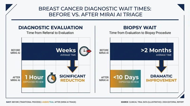 The Mirai AI model drastically reduced wait times for high-risk breast cancer patients during its clinical application.