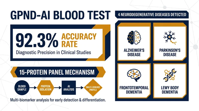 The GPND-AI classifier uses 15 specific blood proteins to distinguish between major neurodegenerative diseases.
