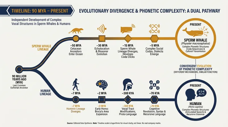 Despite diverging 90 million years ago, humans and sperm whales independently evolved highly structured communication systems.