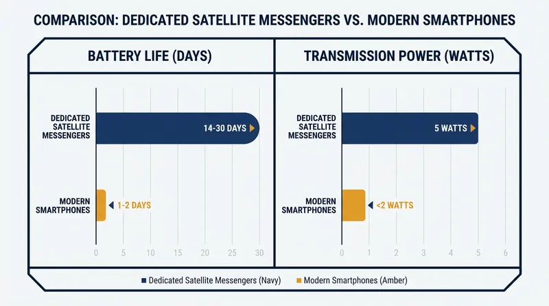 Dedicated satellite devices still outpace smartphones in battery life and transmission power.