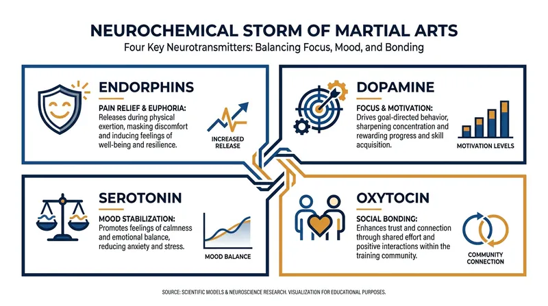A single grappling session triggers a cascade of neurotransmitters that regulate mood and motivation.
