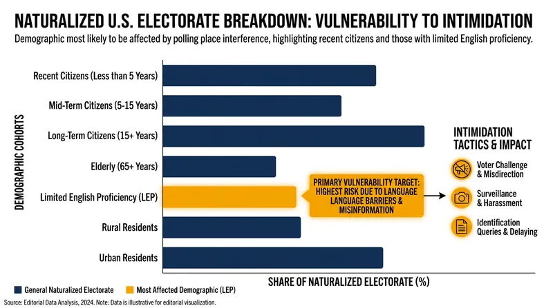 Advocates warn that the presence of immigration enforcement at polls could disproportionately suppress turnout among naturalized citizens.