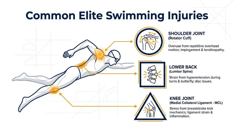 The repetitive motions of elite swimming place immense strain on the shoulders, back, and knees.