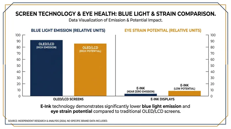 Reflective E-Ink screens significantly reduce blue light exposure compared to backlit traditional tablets.