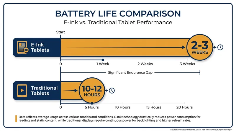 E-Ink devices measure battery life in weeks rather than hours due to their low-power display technology.