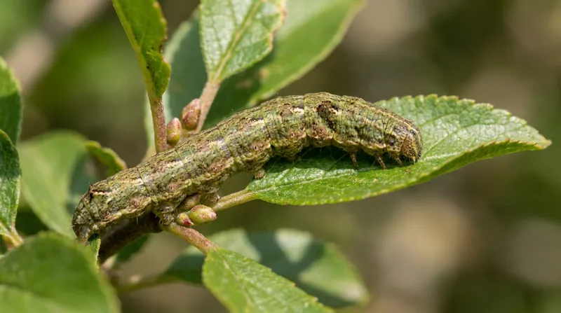 In daylight, the caterpillar's extreme camouflage makes it nearly impossible to spot against blackthorn foliage.