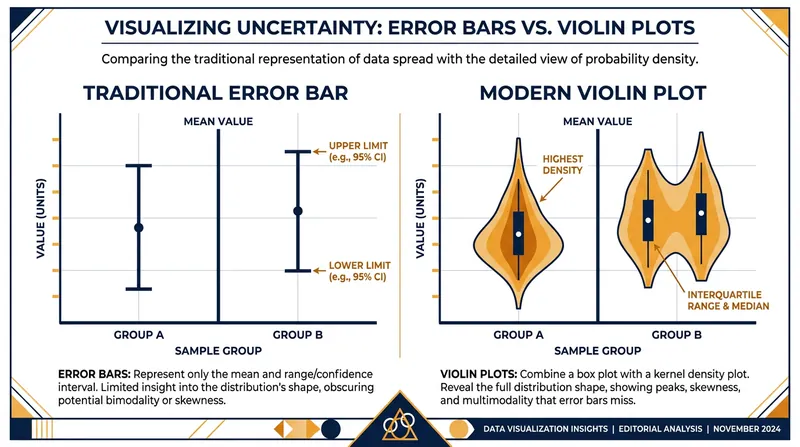 Violin plots show the actual density of probable outcomes, unlike traditional error bars.