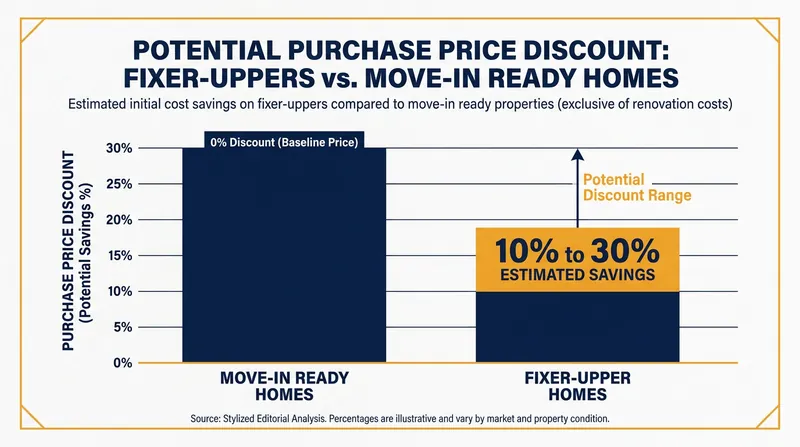 Fixer-uppers generally list for 10% to 30% less than comparable move-in ready homes in the same neighborhood.
