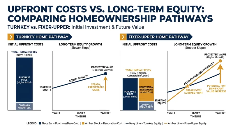 While turnkey homes require more capital upfront, fixer-uppers offer a steeper trajectory for building equity through renovations.