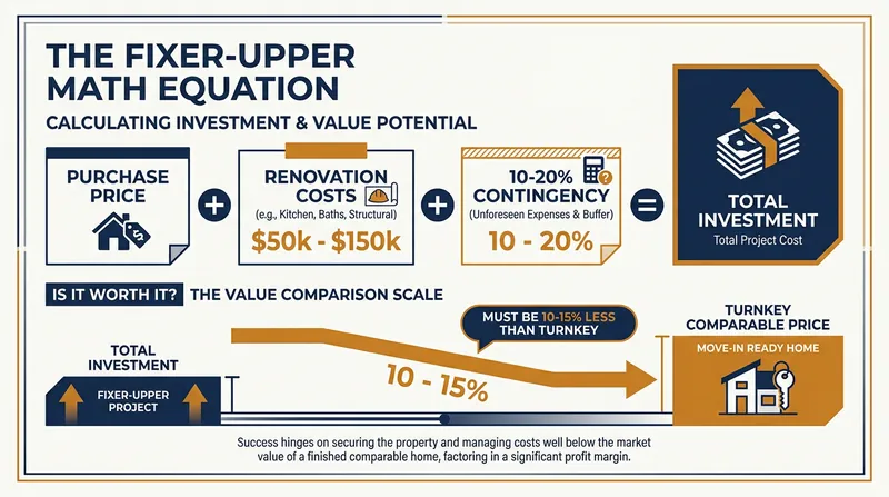 Real estate experts advise that a fixer-upper's total costs should fall at least 10% to 15% below the price of a move-in ready comparable.