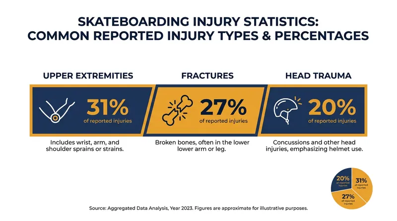 Head trauma and upper extremity fractures make up a significant portion of skateboarding emergency room visits.