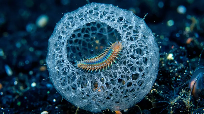 The newly discovered polychaete worm Dalhousiella yabukii lives symbiotically inside the silica skeleton of a deep-sea glass sponge.