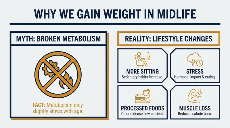 Midlife weight gain is driven by environmental and lifestyle shifts, not a biological slowdown.
