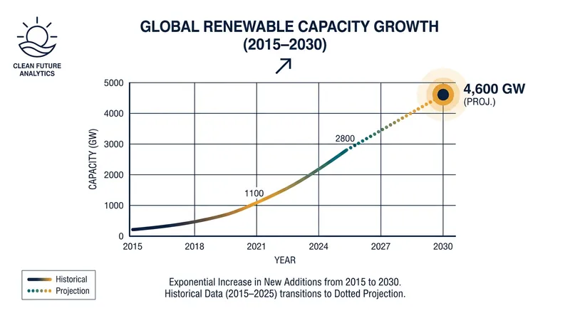 The IEA projects the world will add 4,600 GW of new renewable capacity between 2025 and 2030.