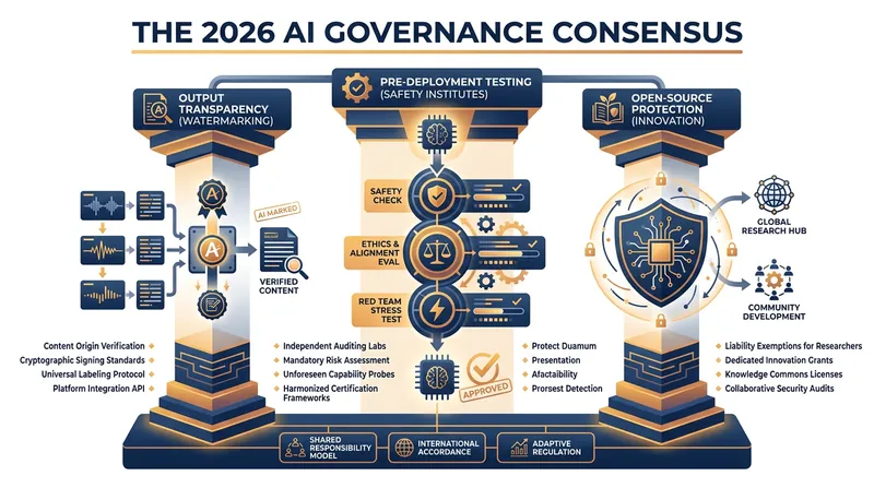 Global AI policy has converged on three core pillars to balance safety with continued technological innovation.
